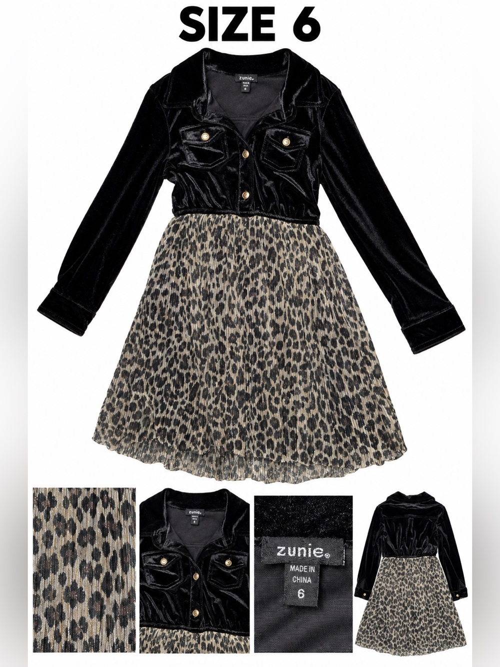 Zunie Black Velvet Top with Leopard Pleated Skirt - Black & Tan